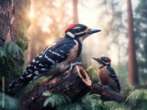 Witness the spectacle of a group of woodpeckers chiseling trees in a forest, highlighting avian adaptation for survival, showcasing nature's ingenuity as these determined birds forage amidst mossy