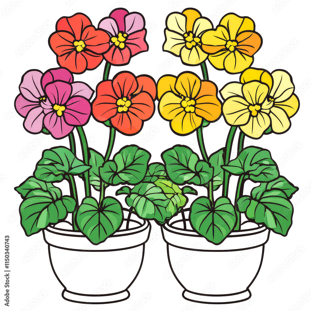 Obraz premium Two potted plants with colorful flowers.