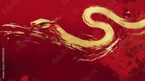 Abstract brushstroke-style snake with subtle gold highlights on a deep red background Chinese zodiac, year of the snake