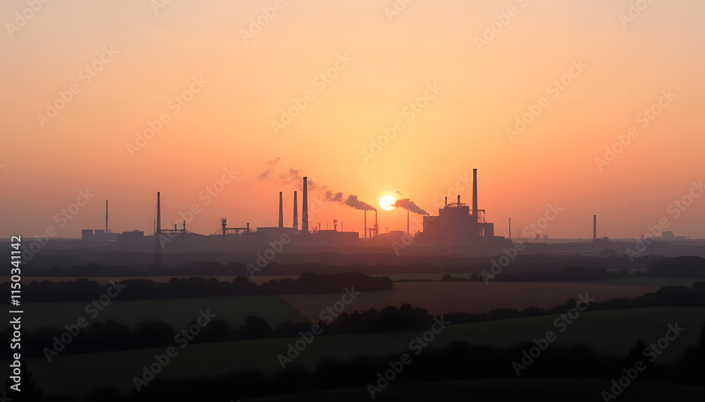 Industrial landscape: A large factory with smoky chimneys can be seen in the distance, surrounded by fields and forests. Industrial landscape: A large factory with smoky chimneys can be seen in the distance, surrounded by fields and forests.