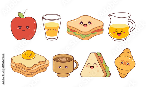 Hand-Drawn Cute Breakfast Food Collection. Kawaii Food Character Doodle Concept for Stickers, Cards, Decorations, and Others 