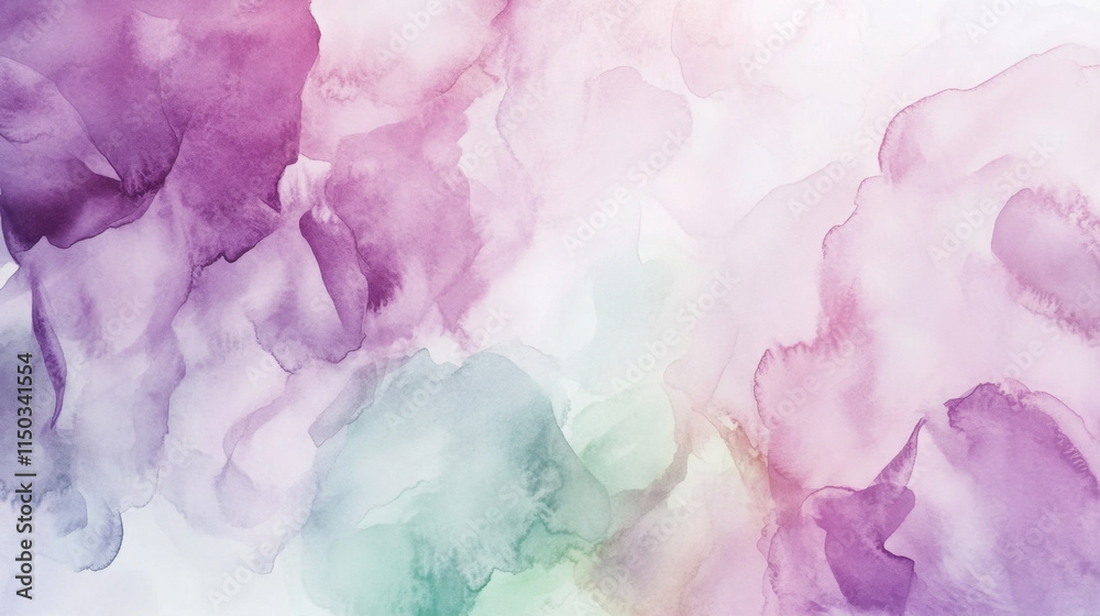 Fototapeta premium Soft watercolor florals in pastel tones, subtly scattered across a pale grayish-white background,