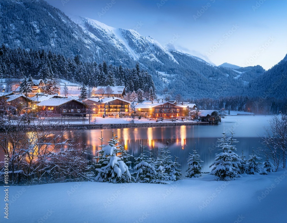Obraz premium Generated image Cozy mountain village covered in snow, illuminated by warm lights