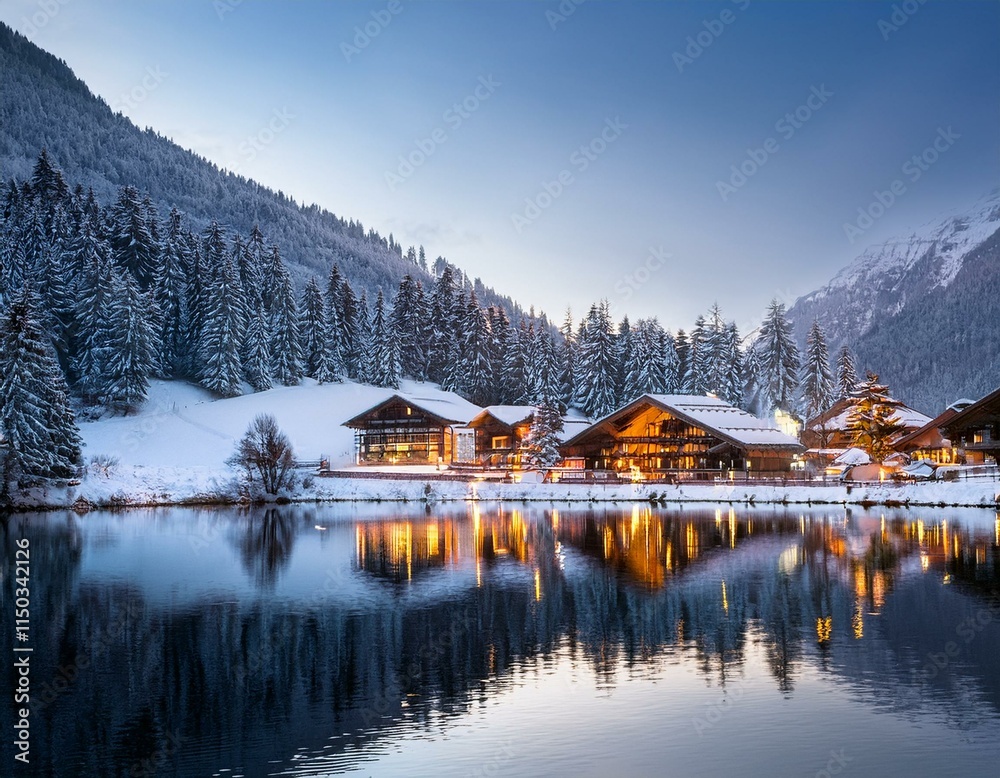 Fototapeta premium Generated image Cozy mountain village covered in snow, illuminated by warm lights