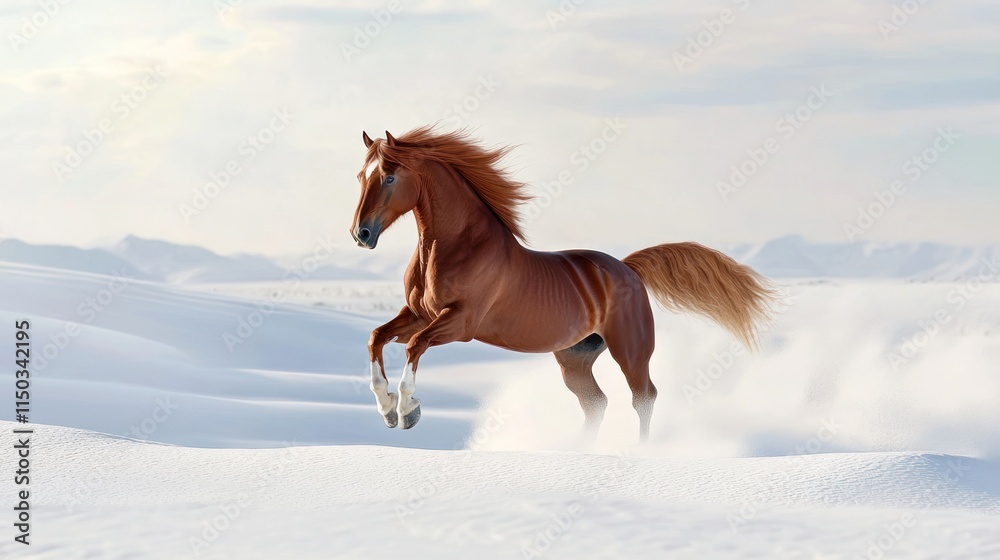 Majestic Chestnut Stallion Galloping Across a Snowy Landscape Majestic Chestnut Stallion Galloping Across a Snowy Landscape