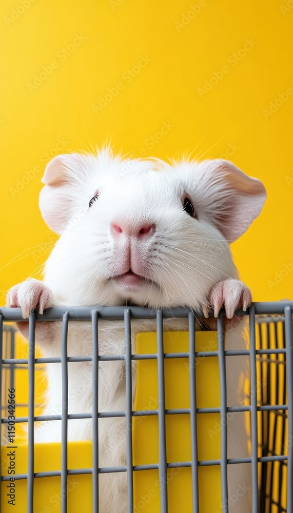 Obraz premium A close-up of a guinea pig peeking over the edge of its cage against a bright yellow background.