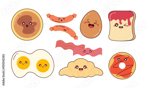 Hand-Drawn Cute Breakfast Food Collection. Kawaii Food Character Doodle Concept for Stickers, Cards, Decorations, and Others 