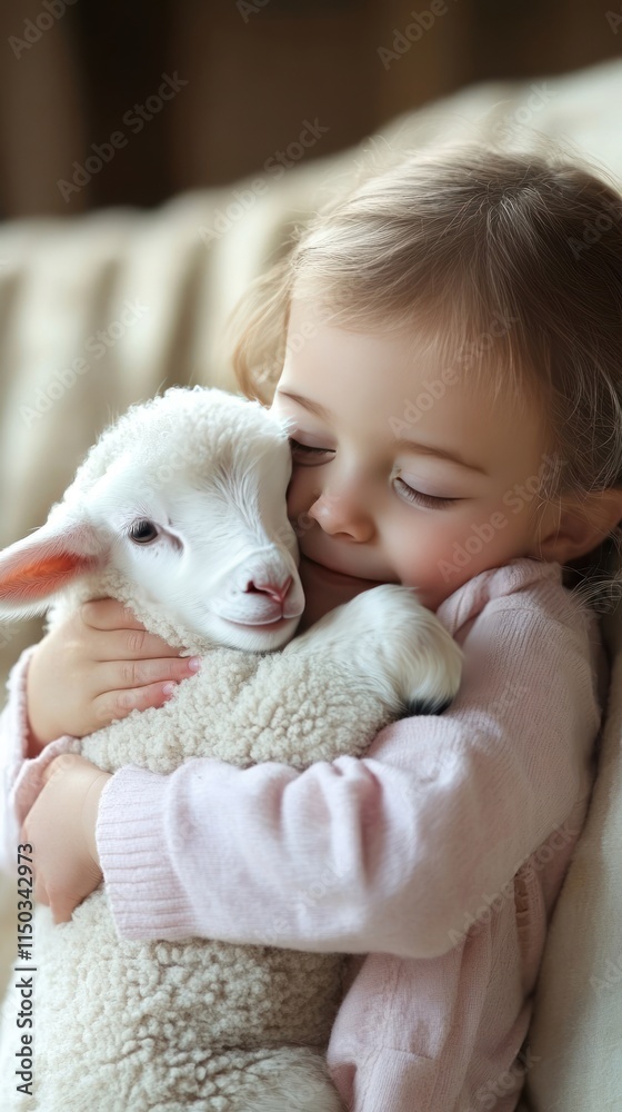A young child lovingly hugs a fluffy lamb, showcasing affection and innocence. A young child lovingly hugs a fluffy lamb, showcasing affection and innocence.