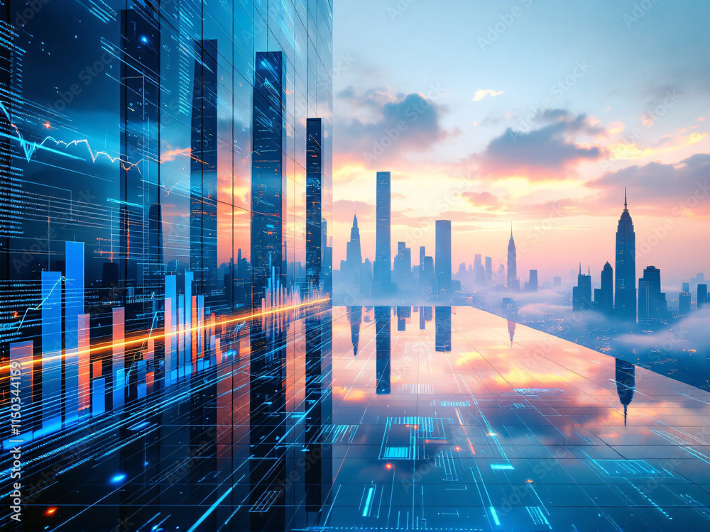Futuristic cityscape with skyscrapers reflecting in water at dusk, showcasing advanced technology. Futuristic cityscape with skyscrapers reflecting in water at dusk, showcasing advanced technology.