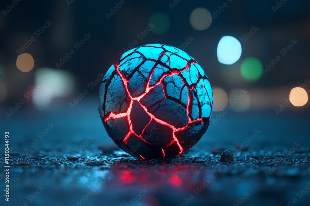 Naklejka premium A haunting depiction of Earth cracked and glowing ominously with red veins, set in a smoky, apocalyptic scene