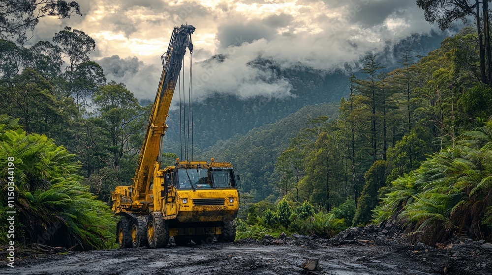 Heavy Equipment in Mountainous Forest Landscape Heavy Equipment in Mountainous Forest Landscape