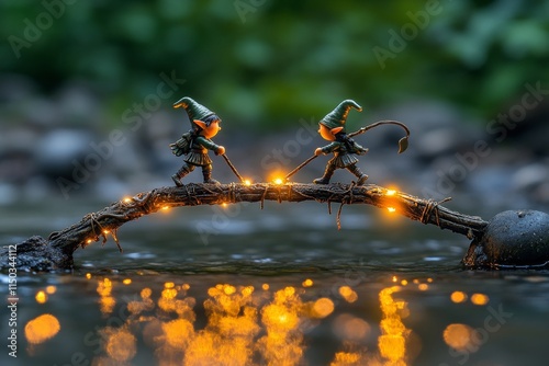 A harmonious scene of elves and gnomes working together to build a bridge over a glowing, enchanted stream photo