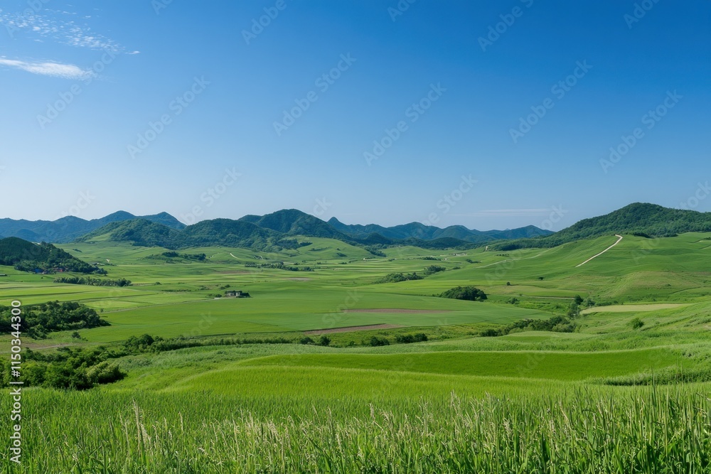 Lush Green Hills Under Clear Blue Sky Lush Green Hills Under Clear Blue Sky