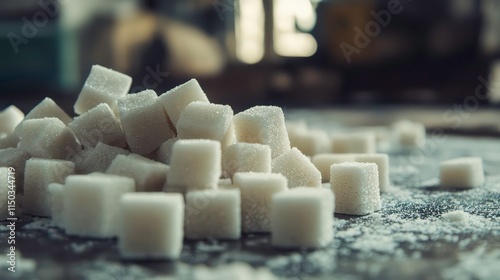 A pile of sugar cubes with a blurry background photo