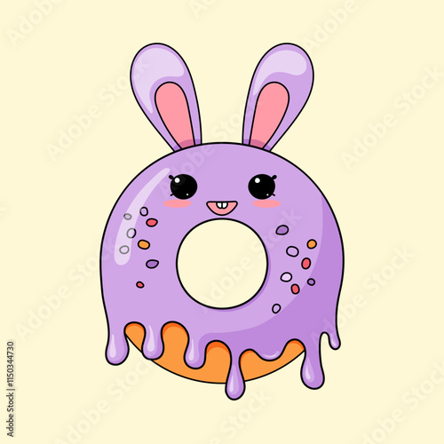 Bunny donut, sweet dessert with cute face. Colorful flat vector illustration