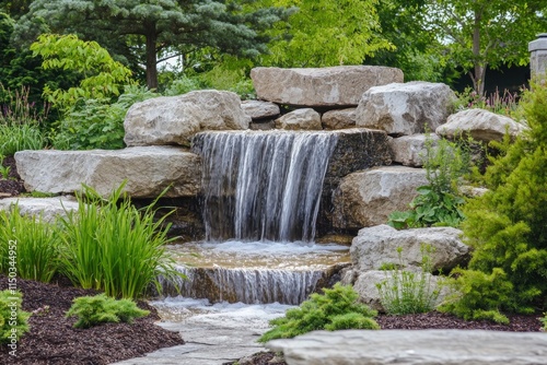 Serene Waterfall in Lush Garden Setting