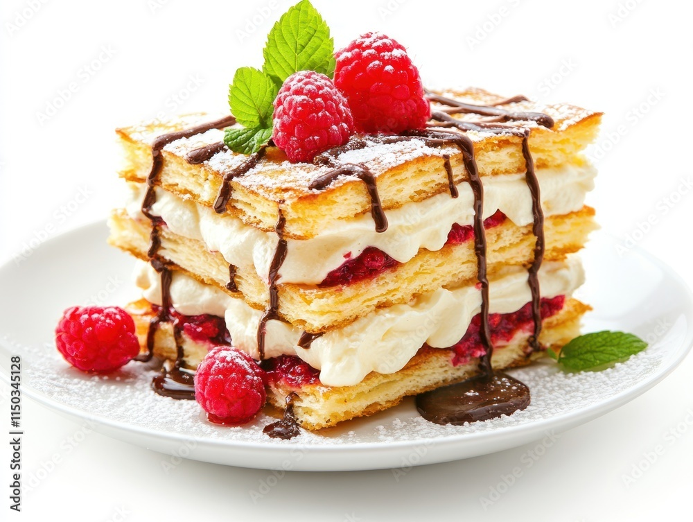 A delicious layered dessert featuring raspberries, cream, and chocolate drizzle. A delicious layered dessert featuring raspberries, cream, and chocolate drizzle.