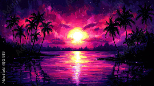 Vibrant sunset over tropical beach with palm trees.