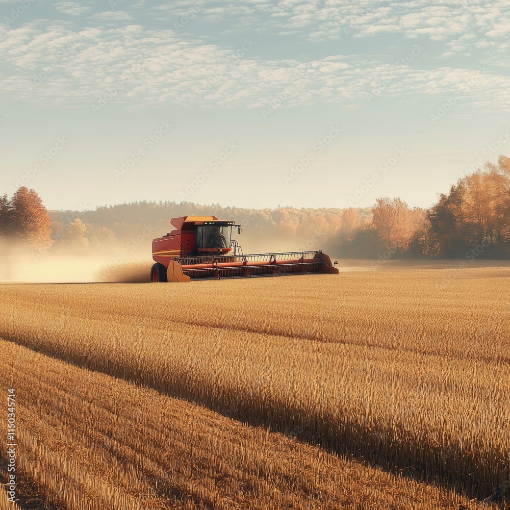 Fototapeta premium Harvesting Wheat in a Golden Field During a Sunny Autumn Day Surrounded by Trees Under a Clear Blue Sky