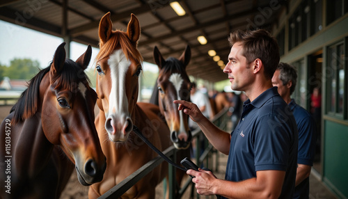 Man interacting with horses in a stable.