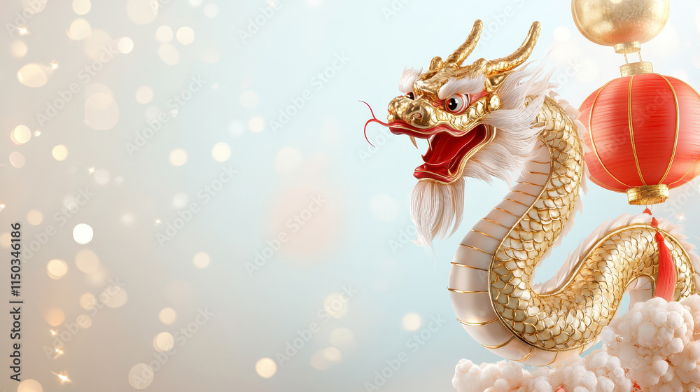 Obraz premium Golden Chinese dragon with lantern on festive soft focus background