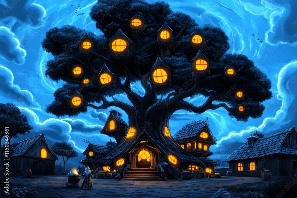 A magical scene of a glowing gnome city nestled inside a giant tree, with an elf queen standing guard at its base, surrounded by swirling lights A magical scene of a glowing gnome city nestled inside a giant tree, with an elf queen standing guard at its base, surrounded by swirling lights