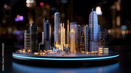Illuminated cityscape model on a dark background.