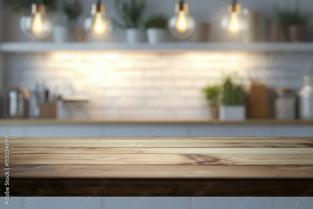 Empty wooden table in front of blurred kitchen background. Empty wooden table in front of blurred kitchen background.
