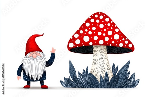 A minimalist illustration of a gnome silhouette with a red hat and long white beard, standing beside a single oversized mushroom on a clean white background photo