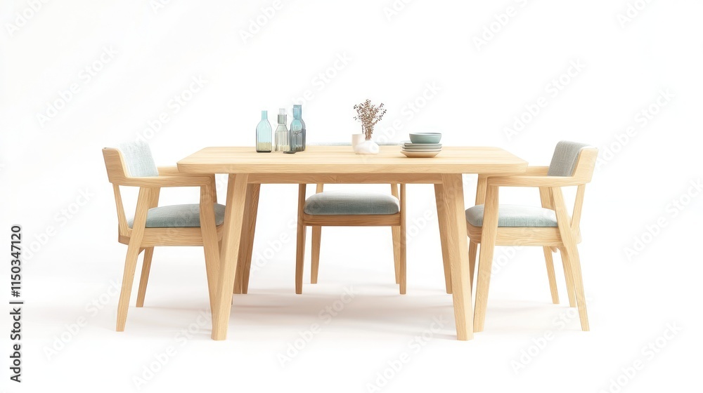 Simple wooden dining table with four chairs and centerpiece.