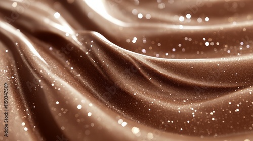 A close-up of shimmering, soft brown fabric with elegant folds and sparkling highlights, creating a luxurious texture.
