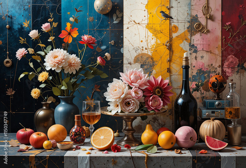 Abstract Artistic Still Life with Flowers, Bottles, and Fruits
