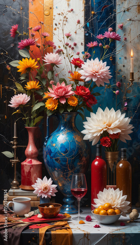 Abstract Artistic Still Life with Flowers, Bottles, and Fruits