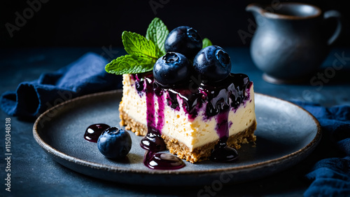 A decadent slice of blueberry cheesecake with blueberries on a black plate.