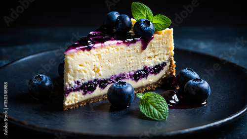 A decadent slice of blueberry cheesecake with blueberries on a black plate.