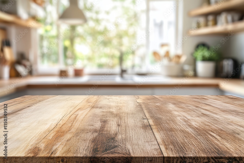 Rustic wooden table in blurred bright kitchen. (1) Rustic wooden table in blurred bright kitchen. (1)