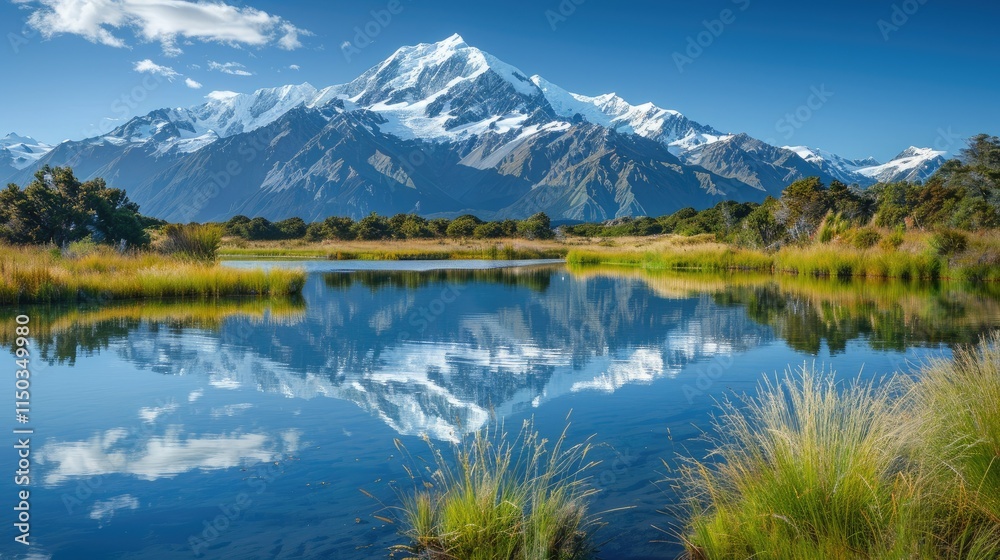 Tranquil lake reflecting snow-capped mountains Tranquil lake reflecting snow-capped mountains
