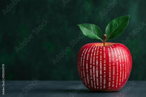 A simple image of a genetically modified apple with a barcode design subtly integrated into its skin