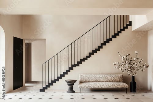 sophisticated staircase in a minimalist interior, featuring black railings, a floral-patterned sofa, and geometric tiled flooring, elegant and modern, muted creams, blacks, and warm wood tones photo