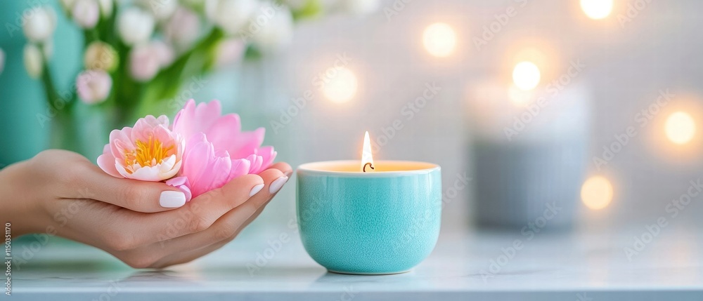 A serene hand holding a pink flower beside a lit candle on a soft background. A serene hand holding a pink flower beside a lit candle on a soft background.