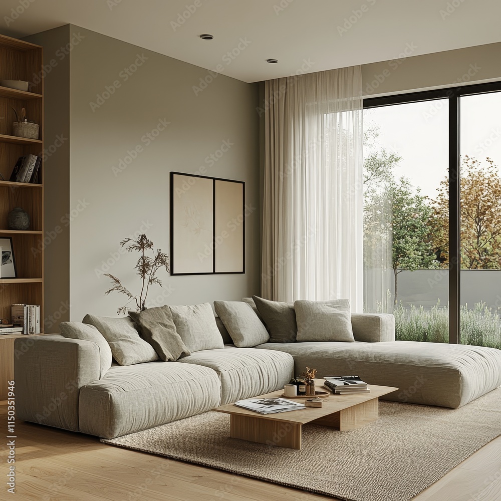 Obraz premium Modern Living Room Featuring a Spacious Sectional Sofa, Wood Accents, and Large Windows Allowing Natural Light in a Serene Setting