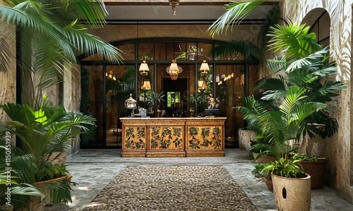 Lush Tropical Courtyard Entrance with Ornate Reception Desk