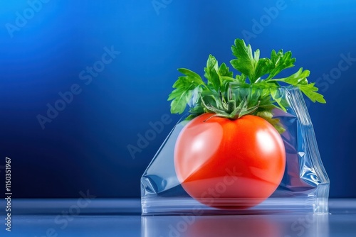 Fresh tomato with parsley in clear packaging on blue background. photo