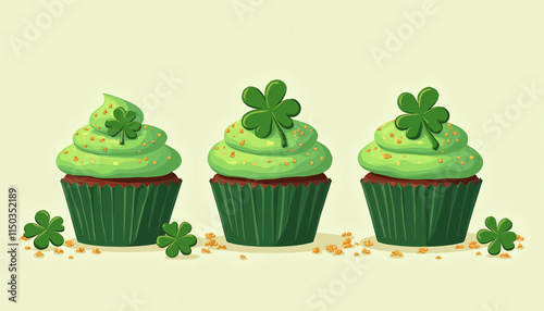 St. Patrick's Day cupcakes decorated with green frosting and shamrock designs photo