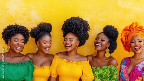 Three joyful women in vibrant red, green, and yellow outfits laughing against a bold yellow background. Concept: unity, culture, celebration. photo