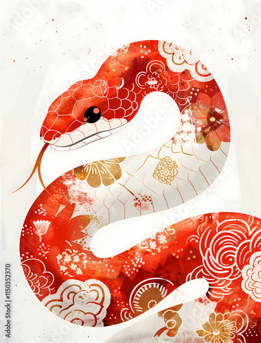 Red snake with floral print. Chinese New Year 2025 Zodiac sign art print. Oriental style festive animal illustration photo