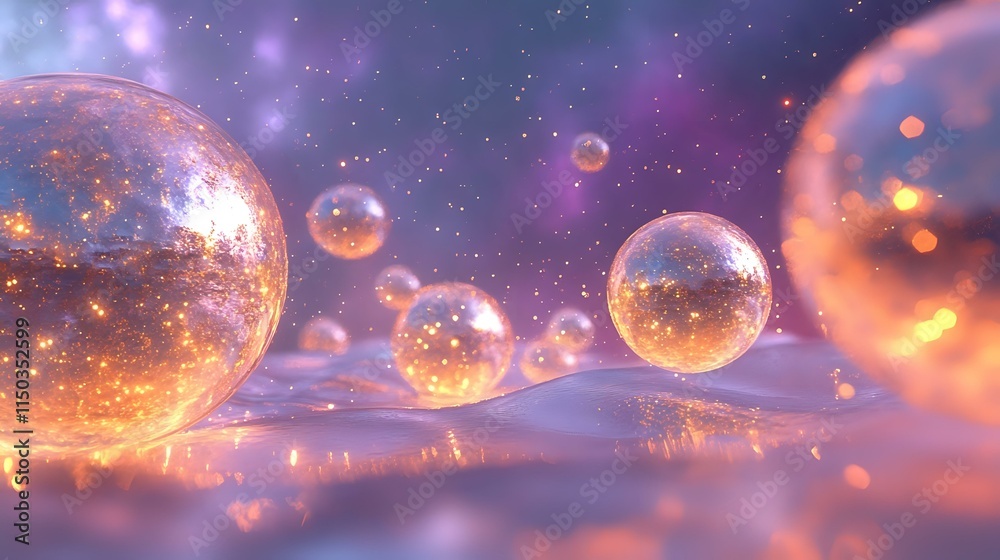 Fototapeta premium A dreamy abstract background with glowing golden orbs and soft violet hues, creating a magical bokeh effect under a starlit sky