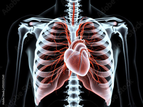 Human circulatory system with heart and major blood vessels inside the skeleton. photo