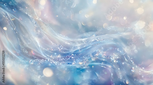 A mystical abstract background with silver mist, scattered crystal-like droplets and pale blue light streaks creating a soft bokeh pattern photo