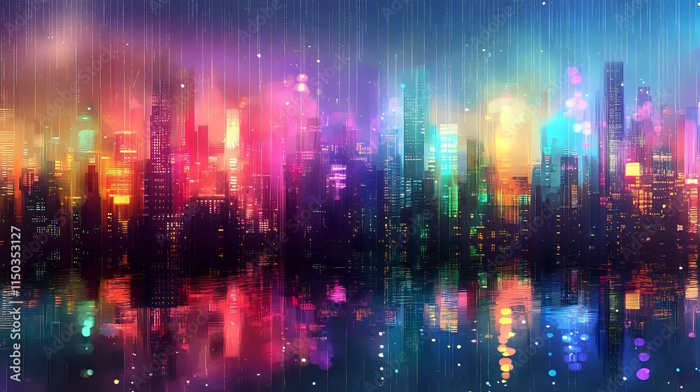 Fototapeta premium A vibrant urban abstract background showcasing dazzling neon lights, reflective surfaces and colorful bokeh patterns against a rainy cityscape